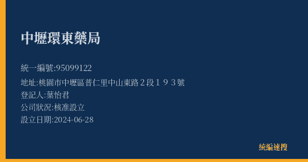 中壢環東藥局的照片-統編 95099122(桃園市) 公司登記資料與營業項目詳細圖表