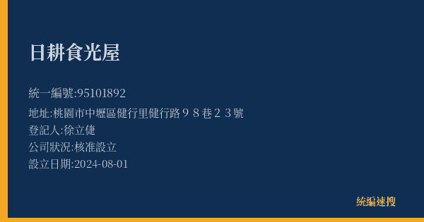 日耕食光屋的照片-統編 95101892(桃園市) 公司登記資料與營業項目詳細圖表