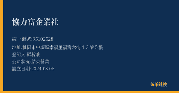 協力富企業社的照片-統編 95102528(桃園市) 公司登記資料與營業項目詳細圖表