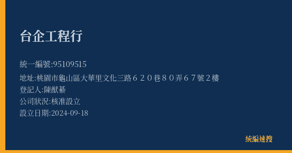 台企工程行的照片-統編 95109515(桃園市) 公司登記資料與營業項目詳細圖表