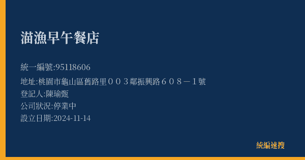 渵漁早午餐店的照片-統編 95118606(桃園市) 公司登記資料與營業項目詳細圖表