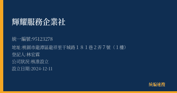 輝耀服務企業社的照片-統編 95123278(桃園市) 公司登記資料與營業項目詳細圖表