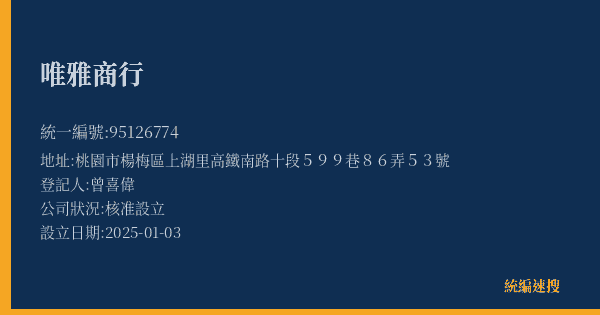 唯雅商行的照片-統編 95126774(桃園市) 公司登記資料與營業項目詳細圖表