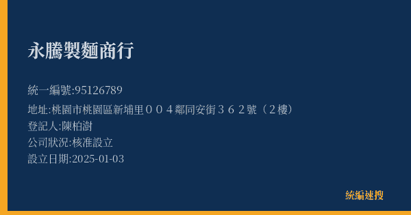 永騰製麵商行的照片-統編 95126789(桃園市) 公司登記資料與營業項目詳細圖表