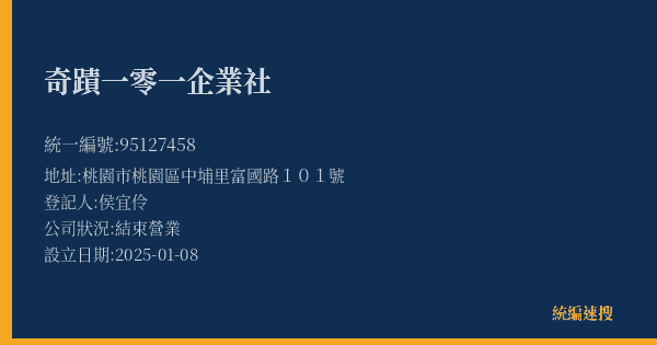 奇蹟一零一企業社的照片-統編 95127458(桃園市) 公司登記資料與營業項目詳細圖表