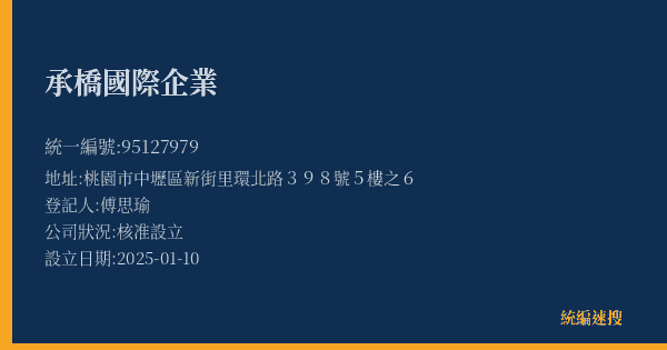 承橋國際企業的照片-統編 95127979(桃園市) 公司登記資料與營業項目詳細圖表