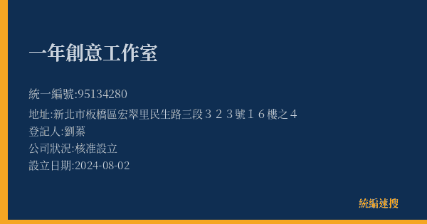 一年創意工作室的照片-統編 95134280(新北市) 公司登記資料與營業項目詳細圖表