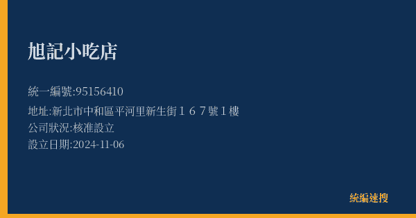 旭記小吃店的照片-統編 95156410(新北市) 公司登記資料與營業項目詳細圖表