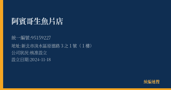 阿賓哥生魚片店的照片-統編 95159227(新北市) 公司登記資料與營業項目詳細圖表