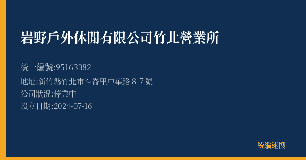 岩野戶外休閒有限公司竹北營業所的照片-統編 95163382(新竹縣) 公司登記資料與營業項目詳細圖表
