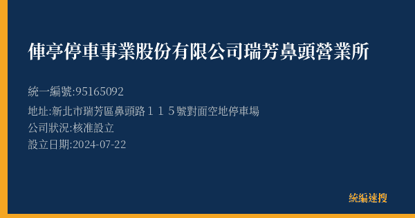 俥亭停車事業股份有限公司瑞芳鼻頭營業所的照片-統編 95165092(新北市) 公司登記資料與營業項目詳細圖表