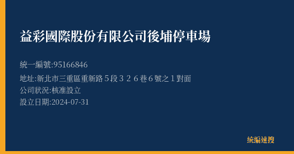 益彩國際股份有限公司後埔停車場的照片-統編 95166846(新北市) 公司登記資料與營業項目詳細圖表