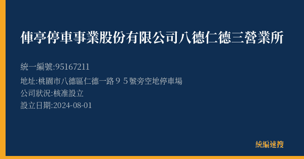 俥亭停車事業股份有限公司八德仁德三營業所的照片-統編 95167211(桃園市) 公司登記資料與營業項目詳細圖表
