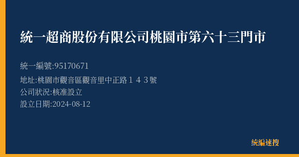 統一超商股份有限公司桃園市第六十三門市的照片-統編 95170671(桃園市) 公司登記資料與營業項目詳細圖表