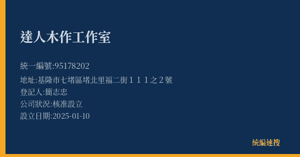 達人木作工作室的照片-統編 95178202(基隆市) 公司登記資料與營業項目詳細圖表