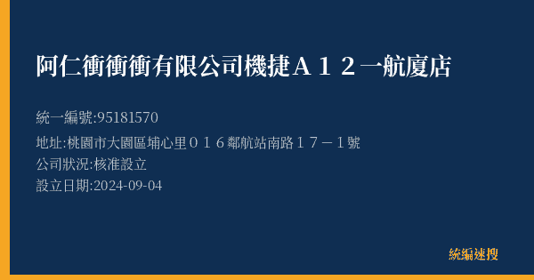 阿仁衝衝衝有限公司機捷A12一航廈店的照片-統編 95181570(桃園市) 公司登記資料與營業項目詳細圖表