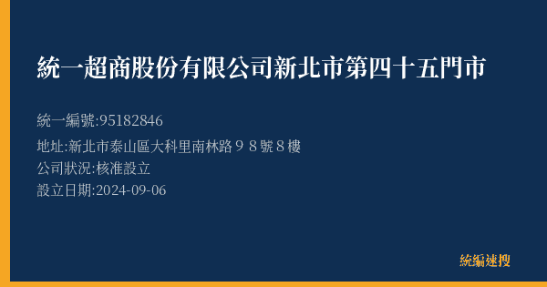 統一超商股份有限公司新北市第四十五門市的照片-統編 95182846(新北市) 公司登記資料與營業項目詳細圖表