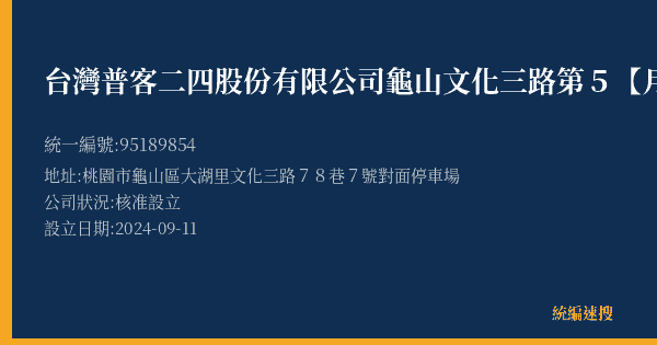 台灣普客二四股份有限公司龜山文化三路第5【月租】停車場的照片-統編 95189854(桃園市) 公司登記資料與營業項目詳細圖表
