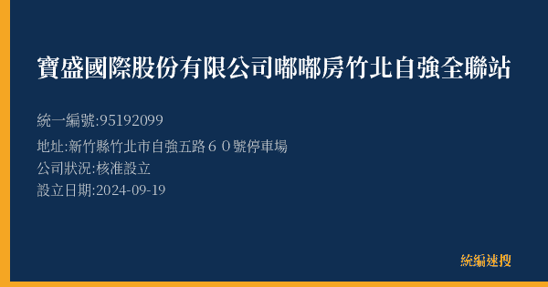 寶盛國際股份有限公司嘟嘟房竹北自強全聯站的照片-統編 95192099(新竹縣) 公司登記資料與營業項目詳細圖表