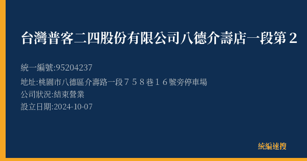 台灣普客二四股份有限公司八德介壽店一段第2(機車)停車場的照片-統編 95204237(桃園市) 公司登記資料與營業項目詳細圖表
