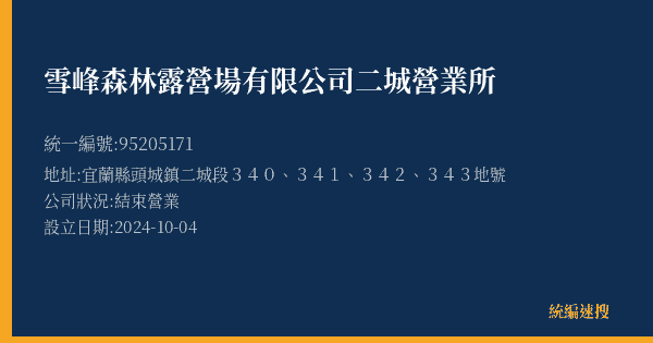 雪峰森林露營場有限公司二城營業所的照片-統編 95205171(宜蘭縣) 公司登記資料與營業項目詳細圖表