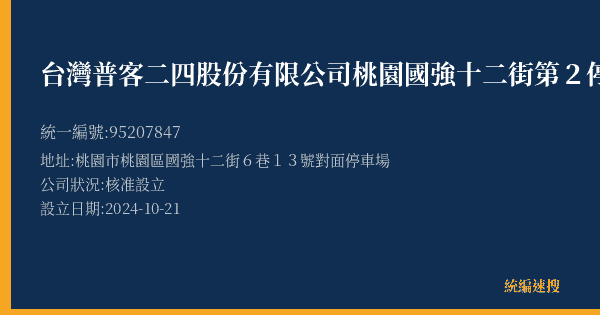 台灣普客二四股份有限公司桃園國強十二街第2停車場的照片-統編 95207847(桃園市) 公司登記資料與營業項目詳細圖表