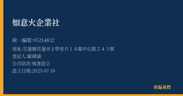如意火企業社的照片-統編 95214832(花蓮縣) 公司登記資料與營業項目詳細圖表