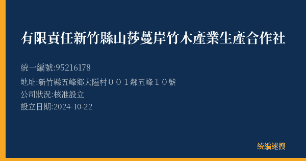 有限責任新竹縣山莎蔓岸竹木產業生產合作社的照片-統編 95216178(新竹縣) 公司登記資料與營業項目詳細圖表