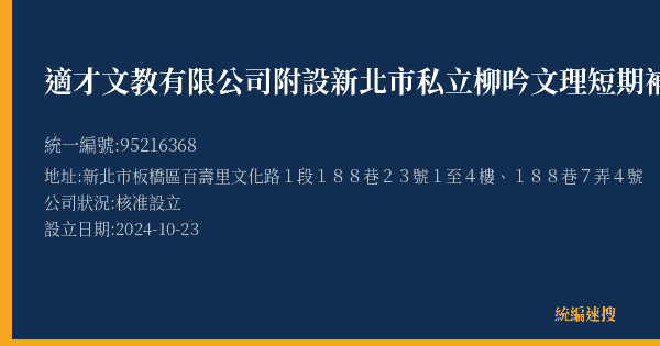 適才文教有限公司附設新北市私立柳吟文理短期補習班中山分班的照片-統編 95216368(新北市) 公司登記資料與營業項目詳細圖表