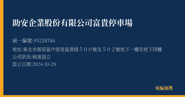 助安企業股份有限公司富貴停車場的照片-統編 95218746(新北市) 公司登記資料與營業項目詳細圖表