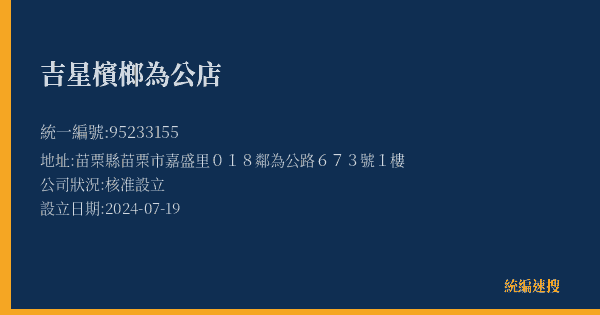 吉星檳榔為公店的照片-統編 95233155(苗栗縣) 公司登記資料與營業項目詳細圖表