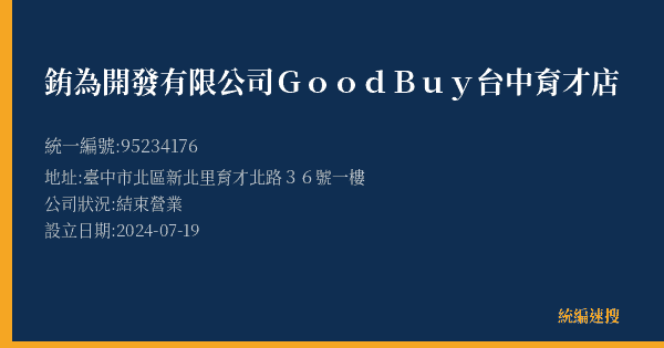 銪為開發有限公司GoodBuy台中育才店的照片-統編 95234176(臺中市) 公司登記資料與營業項目詳細圖表