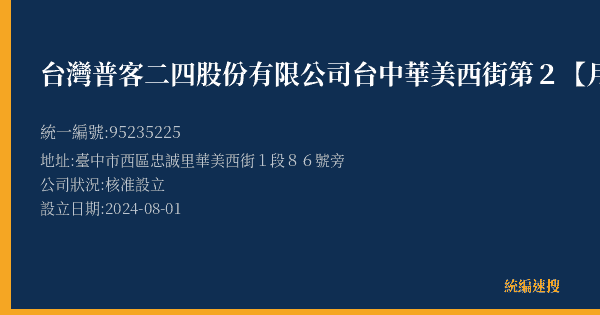 台灣普客二四股份有限公司台中華美西街第2【月租】停車場的照片-統編 95235225(臺中市) 公司登記資料與營業項目詳細圖表