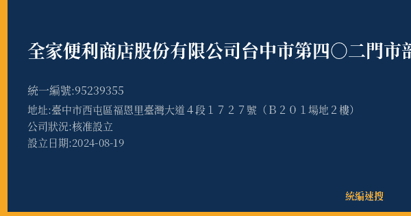 全家便利商店股份有限公司台中市第四○二門市部的照片-統編 95239355(臺中市) 公司登記資料與營業項目詳細圖表