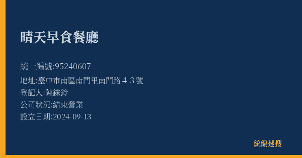 晴天早食餐廳的照片-統編 95240607(臺中市) 公司登記資料與營業項目詳細圖表