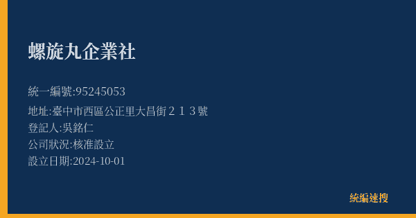 螺旋丸企業社的照片-統編 95245053(臺中市) 公司登記資料與營業項目詳細圖表