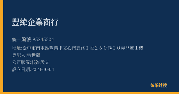 豐緯企業商行的照片-統編 95245504(臺中市) 公司登記資料與營業項目詳細圖表