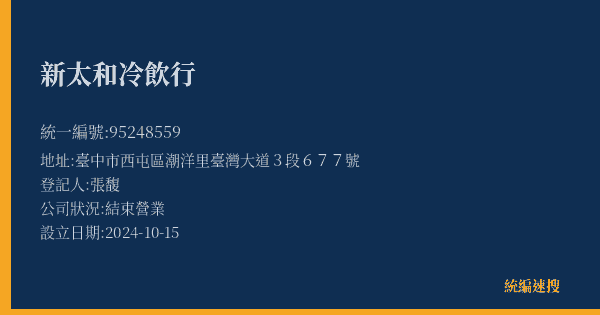 新太和冷飲行的照片-統編 95248559(臺中市) 公司登記資料與營業項目詳細圖表