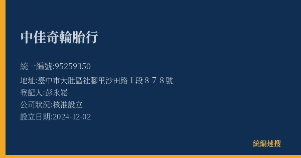 中佳奇輪胎行的照片-統編 95259350(臺中市) 公司登記資料與營業項目詳細圖表