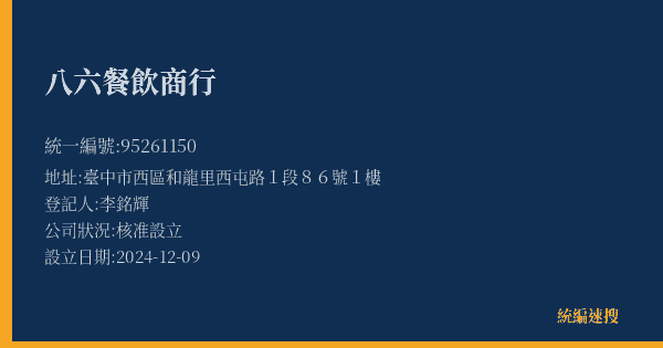 八六餐飲商行的照片-統編 95261150(臺中市) 公司登記資料與營業項目詳細圖表