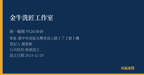 金牛洗匠工作室的照片-統編 95263848(臺中市) 公司登記資料與營業項目詳細圖表