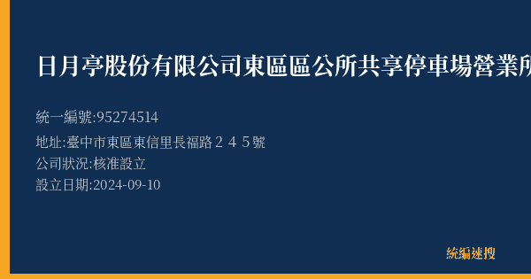 日月亭股份有限公司東區區公所共享停車場營業所的照片-統編 95274514(臺中市) 公司登記資料與營業項目詳細圖表