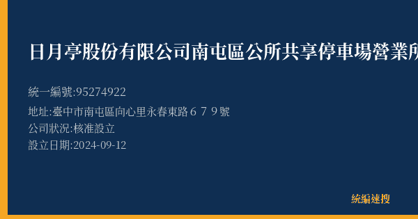 日月亭股份有限公司南屯區公所共享停車場營業所的照片-統編 95274922(臺中市) 公司登記資料與營業項目詳細圖表
