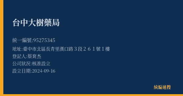 台中大樹藥局的照片-統編 95275345(臺中市) 公司登記資料與營業項目詳細圖表
