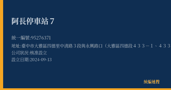阿長停車站7的照片-統編 95276371(臺中市) 公司登記資料與營業項目詳細圖表