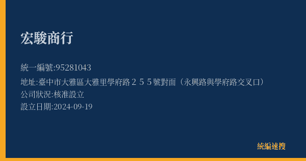 宏駿商行的照片-統編 95281043(臺中市) 公司登記資料與營業項目詳細圖表