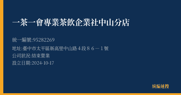 一茶一會專業茶飲企業社中山分店的照片-統編 95282269(臺中市) 公司登記資料與營業項目詳細圖表