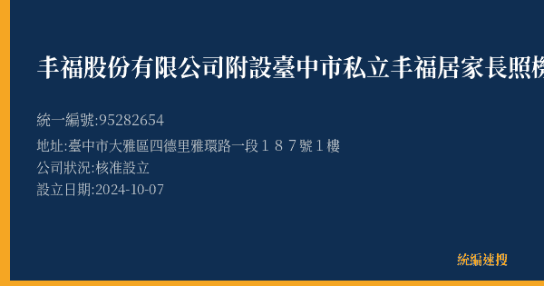 丰福股份有限公司附設臺中市私立丰福居家長照機構的照片-統編 95282654(臺中市) 公司登記資料與營業項目詳細圖表