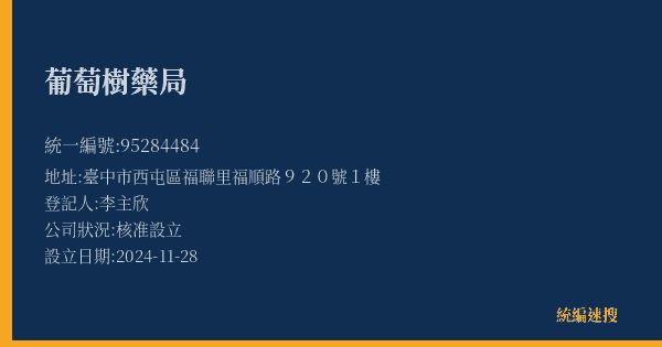 葡萄樹藥局的照片-統編 95284484(臺中市) 公司登記資料與營業項目詳細圖表