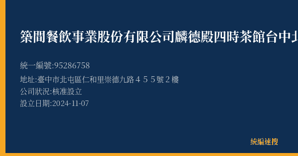 築間餐飲事業股份有限公司麟德殿四時茶館台中北屯營業所的照片-統編 95286758(臺中市) 公司登記資料與營業項目詳細圖表